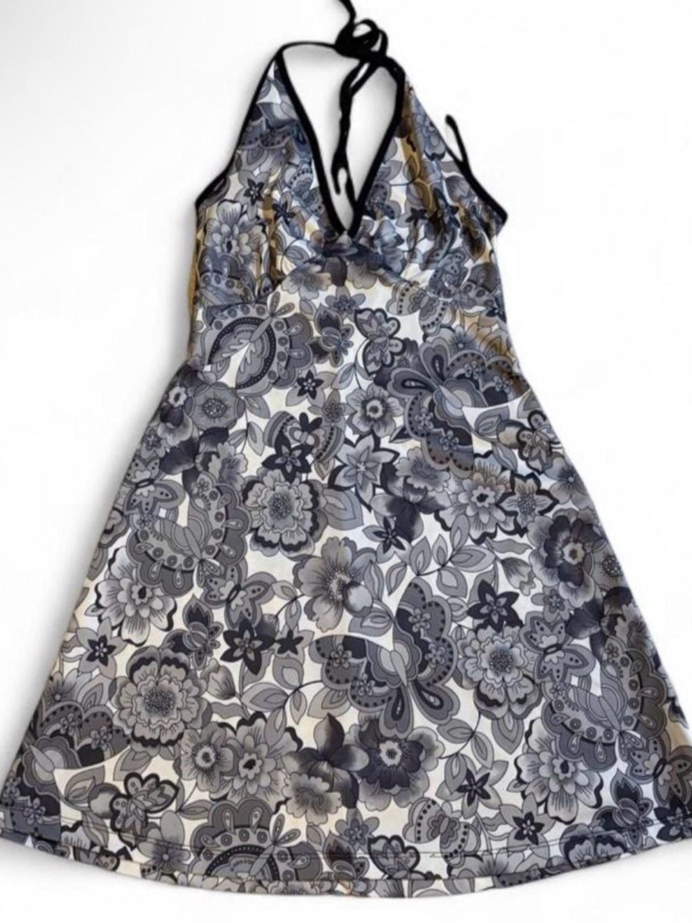 Halter Floral A-Line Dress in Black & Gray